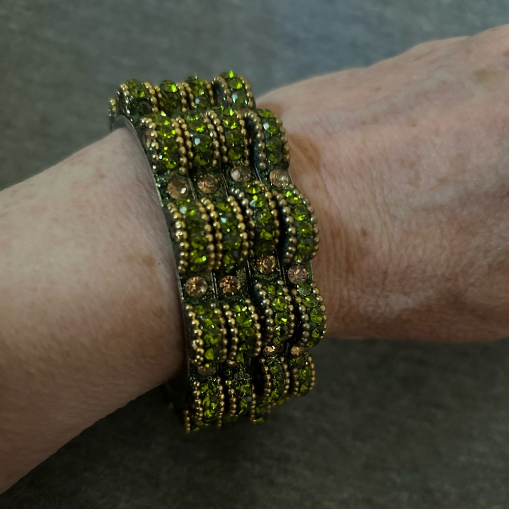NWOT: Sparkly Green and Bronze Crystal and Beaded 4-Stack Bracelet